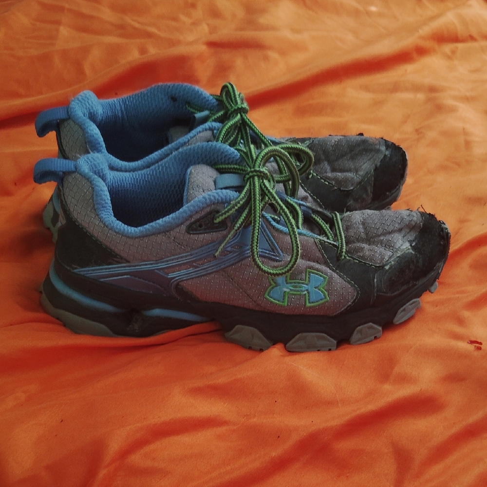 Under Armour Gray and Blue Athletic Shoes with Green Accents